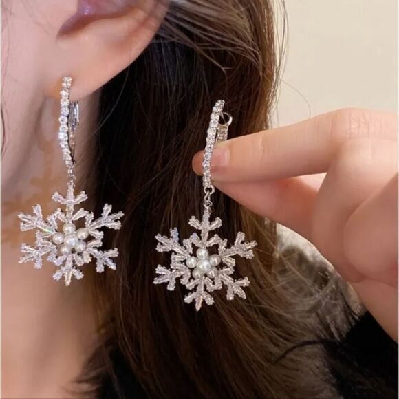Silver Dangle Snowflake Earrings - Picture 2 of 2